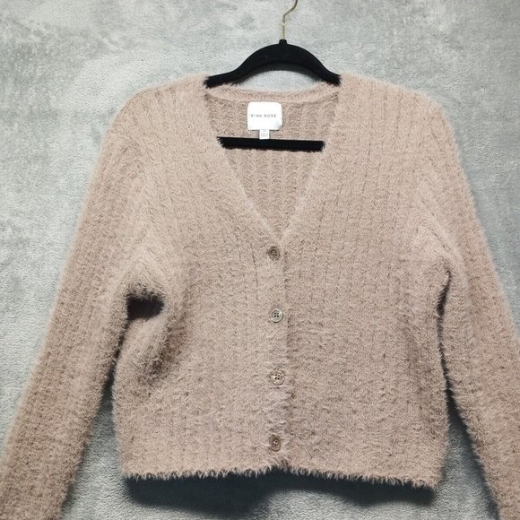 🍑PINK ROSE Women Sweater Fuzzy Cardigan Pullover Fall Solid Taupe Casual XS(0-2 - Picture 3 of 16